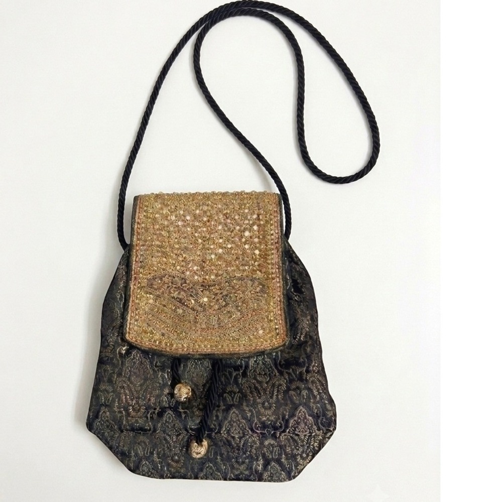 Vintage Style Black Gold Old Hollywood Brocade Beaded Mirror Evening Bag